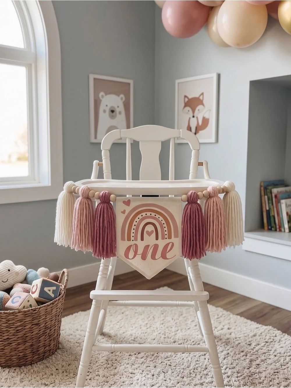 NWT Boho 1st Birthday Decor Pink Rainbow Highchair Banner Photo Prop